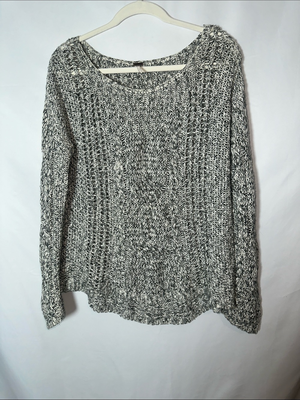 Free People Marled Gray & White Cable Knit Scoop Sweater